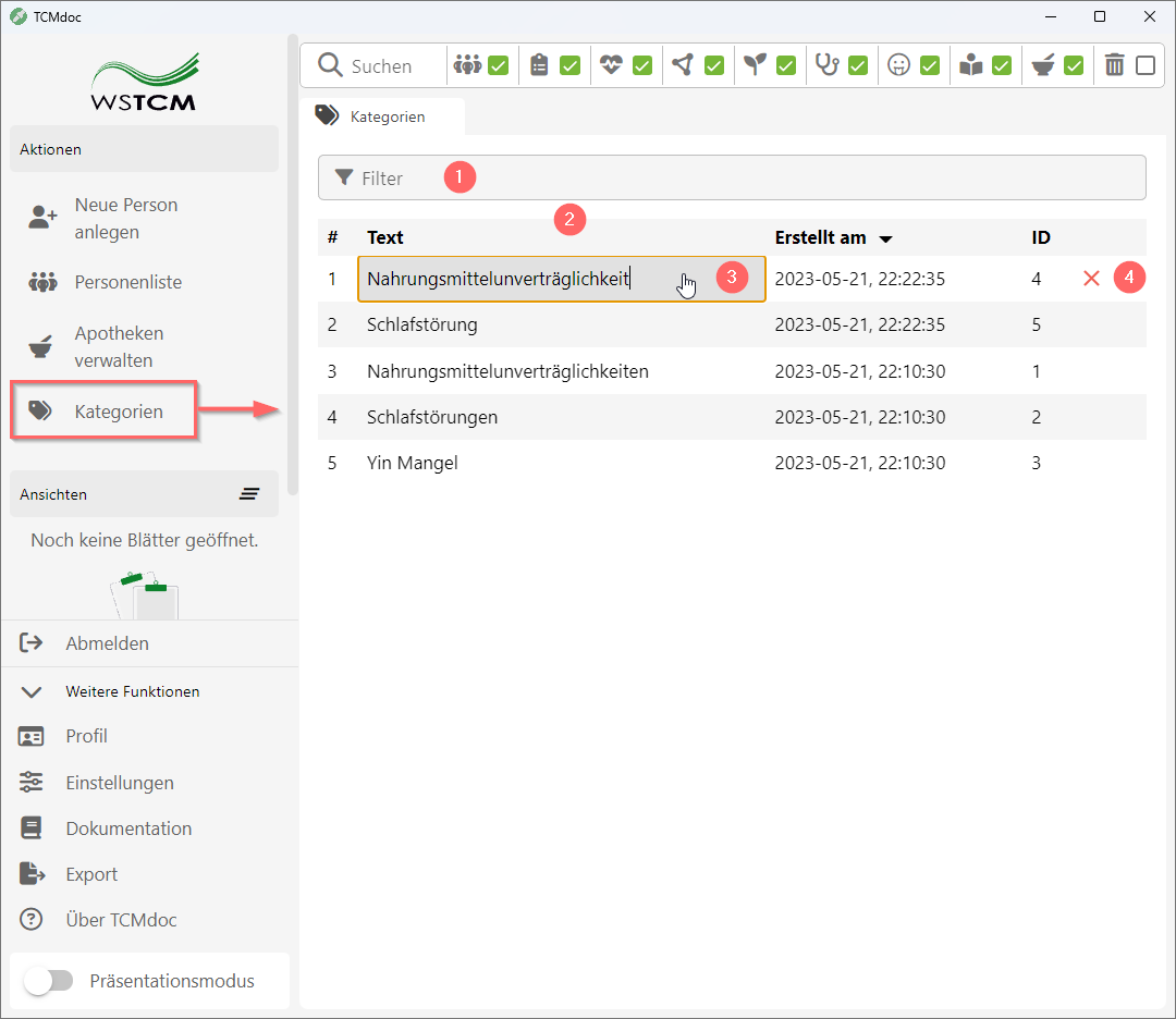 TCMdoc Anwenderhandbuch Kategorien Übersicht