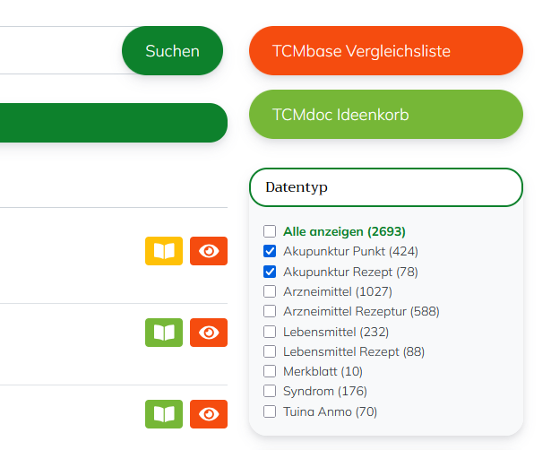 Facetten-Filter der TCMbase zur Auswahl der gesuchten Datentypen. Akupunktur Punkte und Rezepte sind ausgewählt