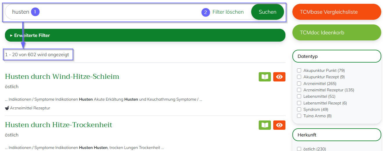 TCMbase Volltextsuche mit einem Suchbegriff. Markiert sind die Möglichkeit Filter zu löschen und die gefundenen Ergebnisse