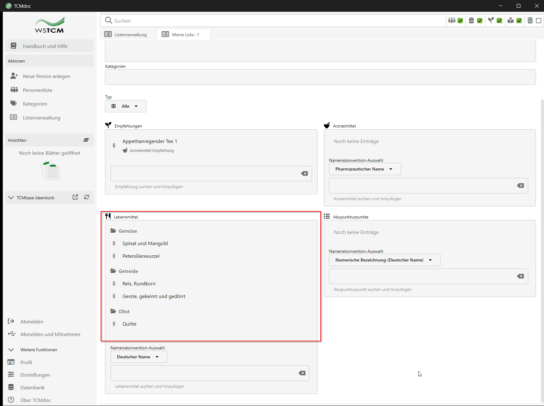 Liste - Gruppierung von Lebensmitteln