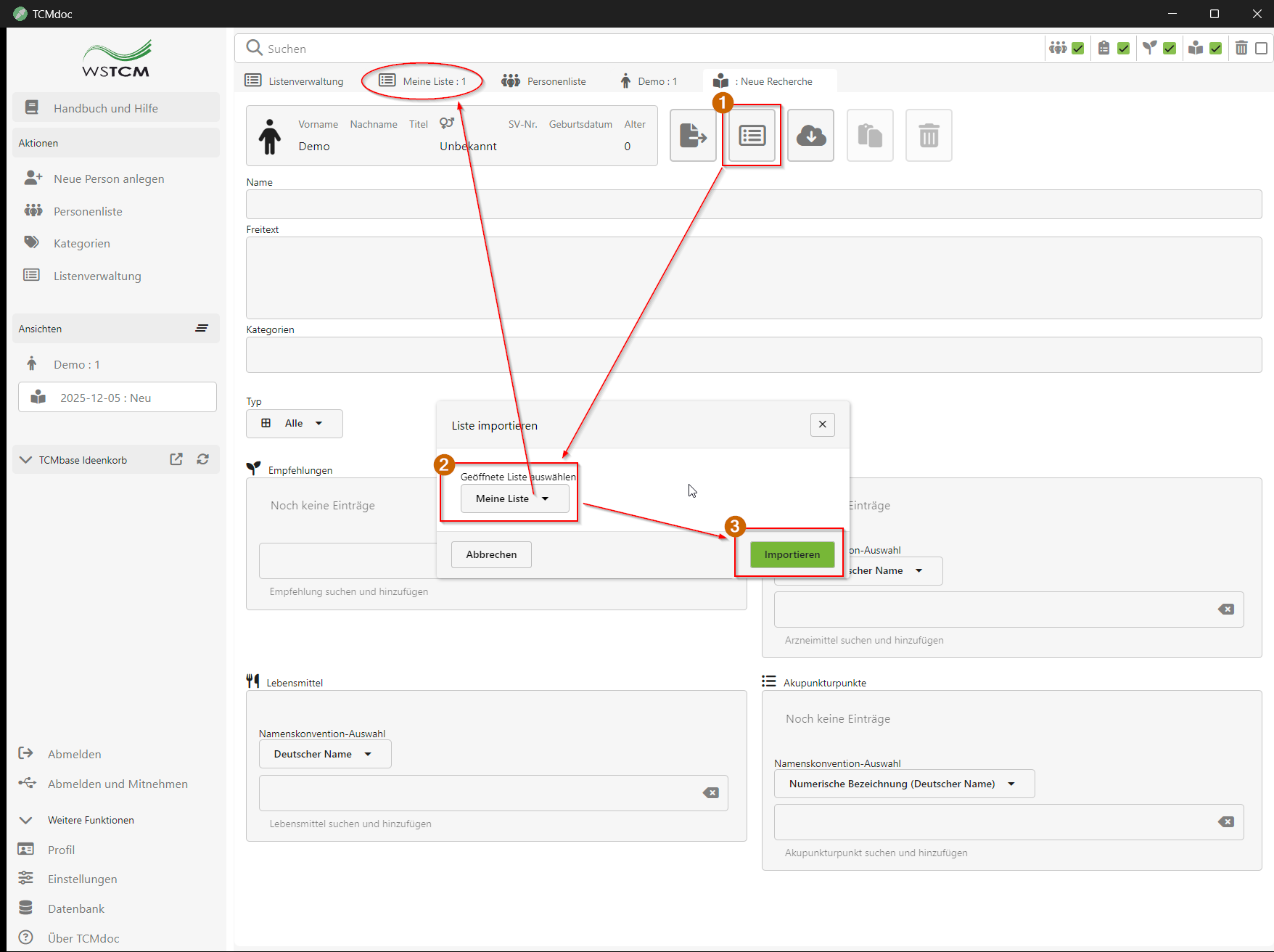 Rechercheblatt - Import von Liste