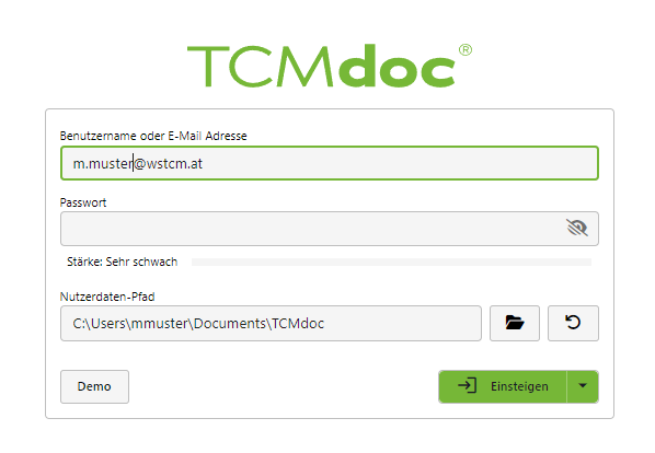 TCMdoc Login und Nutzerdatenpfad