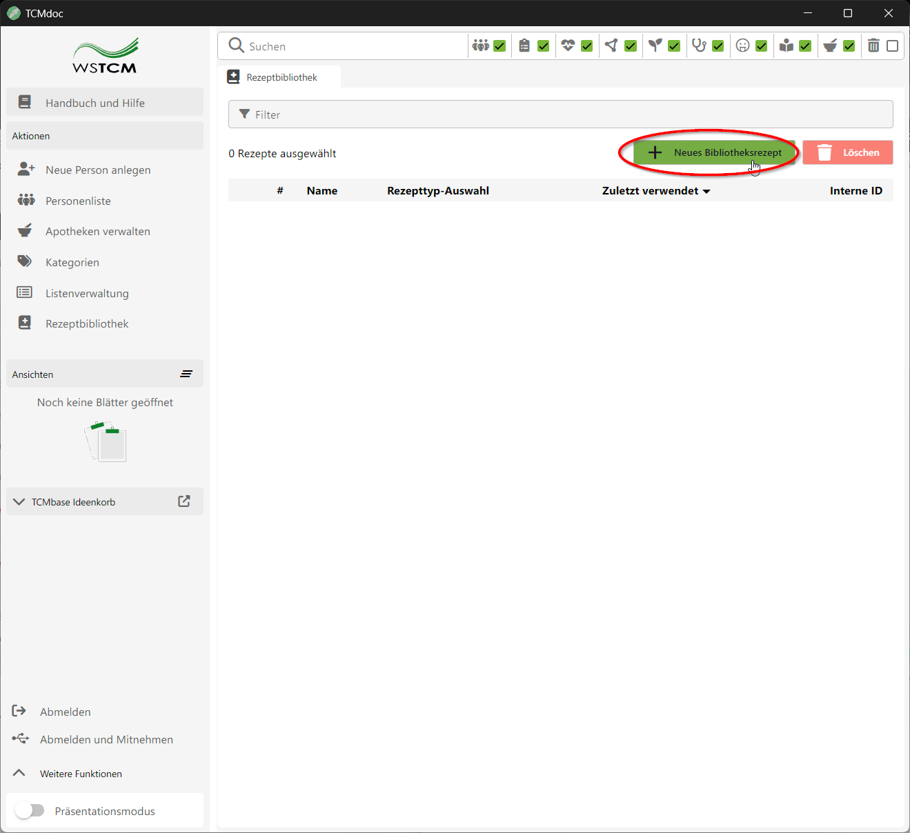 Screenshot der Rezeptbibliothek in der TCMdoc-Software. Ein roter Kreis markiert den grünen Button 'Neues Bibliotheksrezept' im oberen rechten Bereich der Listenansicht.