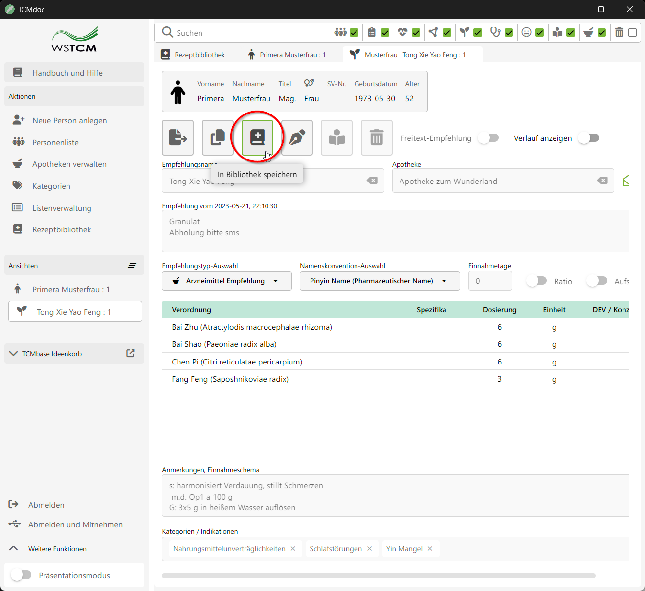 Screenshot der Rezeptansicht in der TCMdoc-Software. Ein roter Kreis markiert einen Button in der oberen Werkzeugleiste, dessen Tooltip 'In Bibliothek speichern' anzeigt.